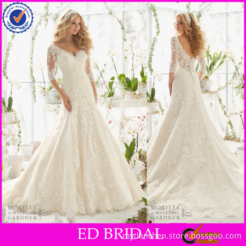 LN181 Sexy low back designer 2016 modified a line lace 3 4 sleeve wedding dress